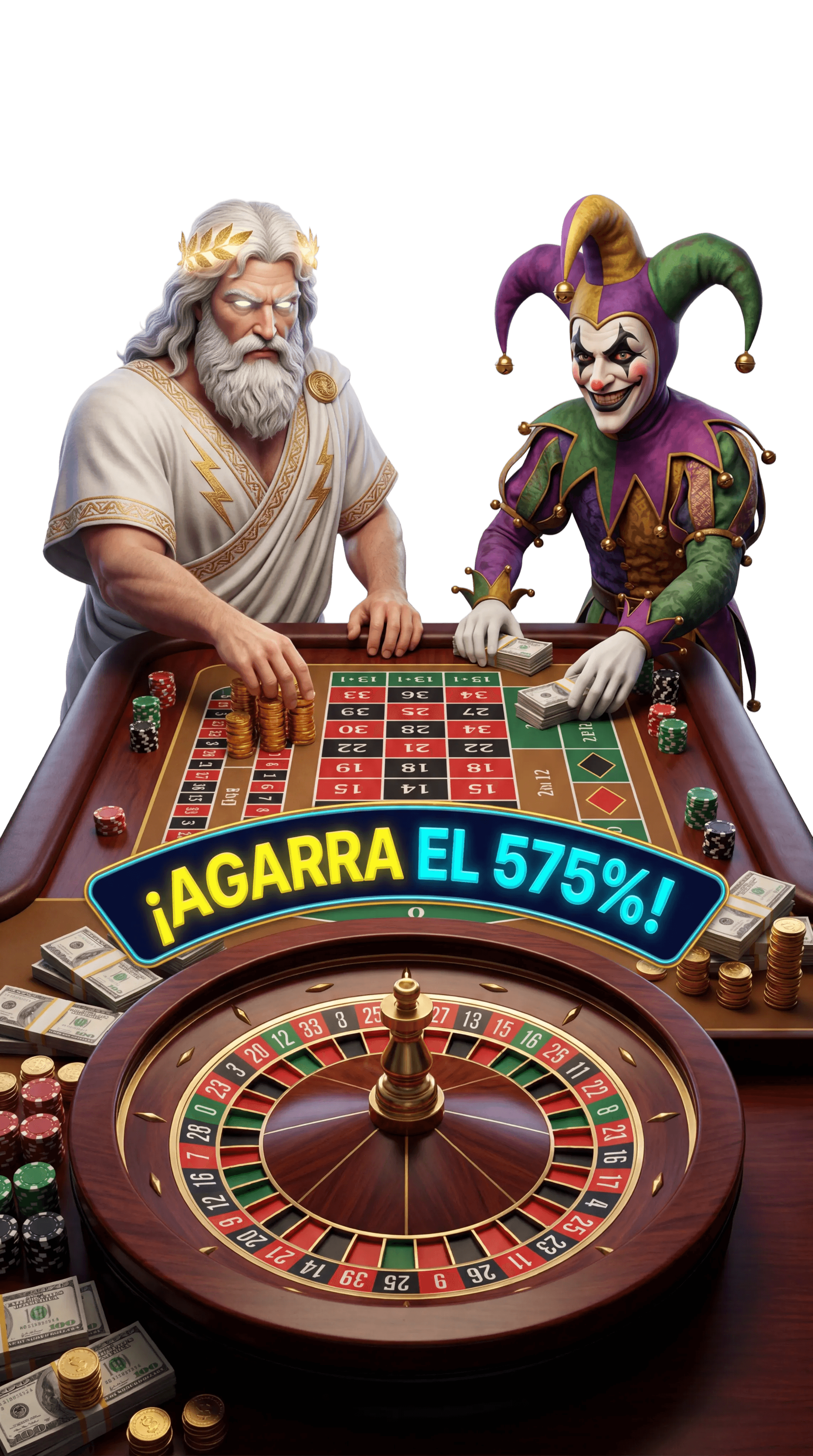 Zeus and joker casino characters at a roulette table
