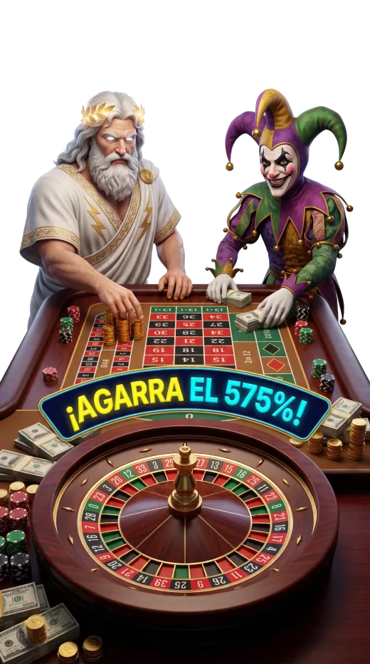 Zeus and joker casino characters at a roulette table